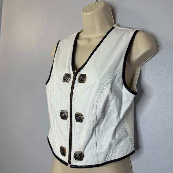 Cache Vintage White Leather Vest Full Zip Crest Gold Buttons Detail Stretch - Picture 5 of 13